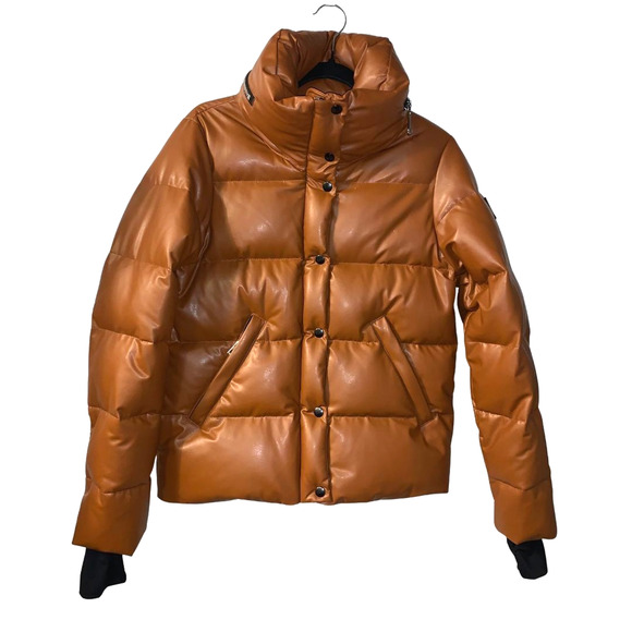 SAM Women's Vegan Leather Isabel Puffer Jacket Size M Brown Hooded Down Ski Coat - Picture 1 of 14